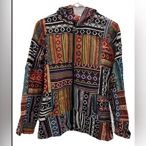 Rising International Patchwork Baja Hoodie M 90s Boho Festival Jacket 100% Cottn